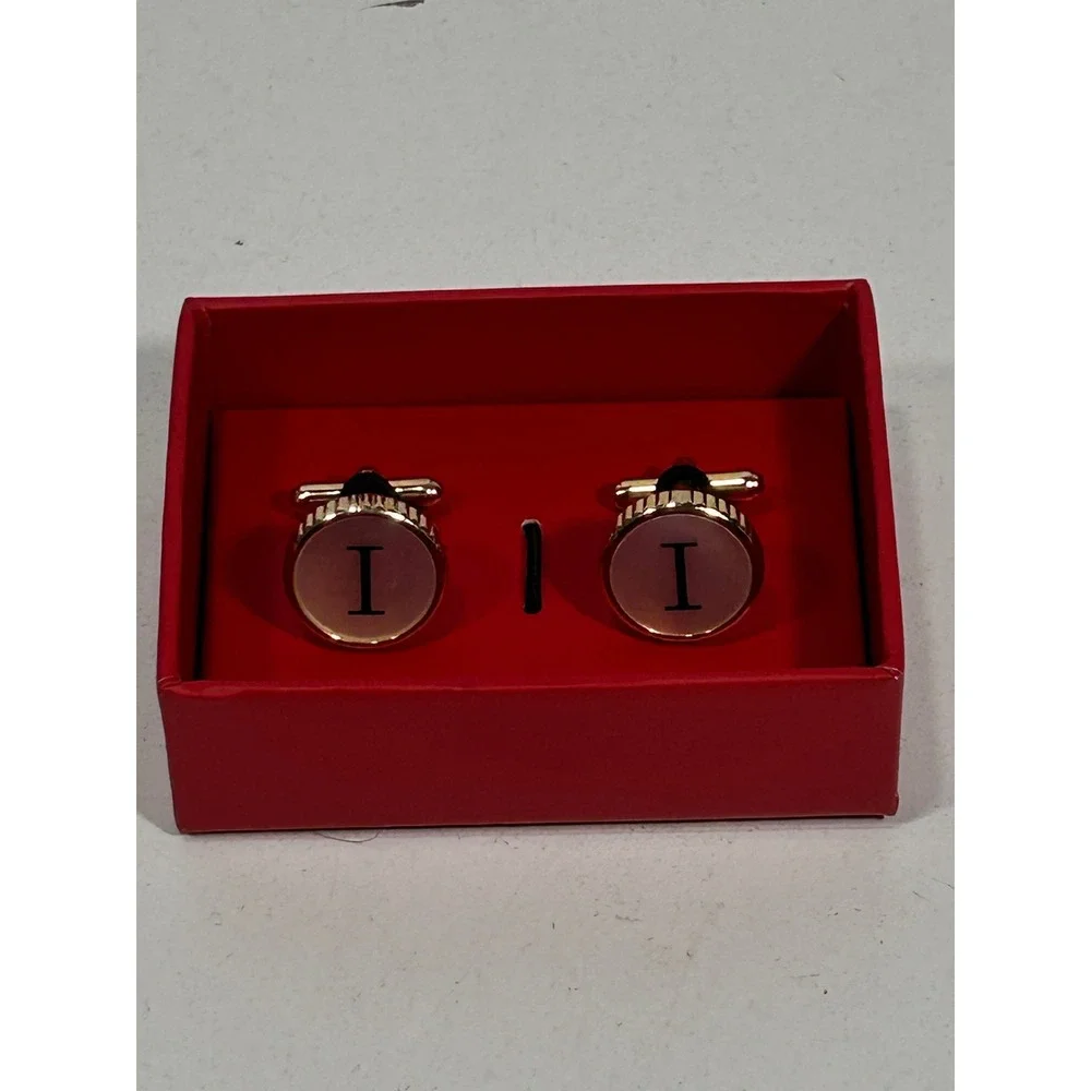 Gold Tone Initial I Monogram Cufflinks Round Mother of Pearl Style Inlay Boxed